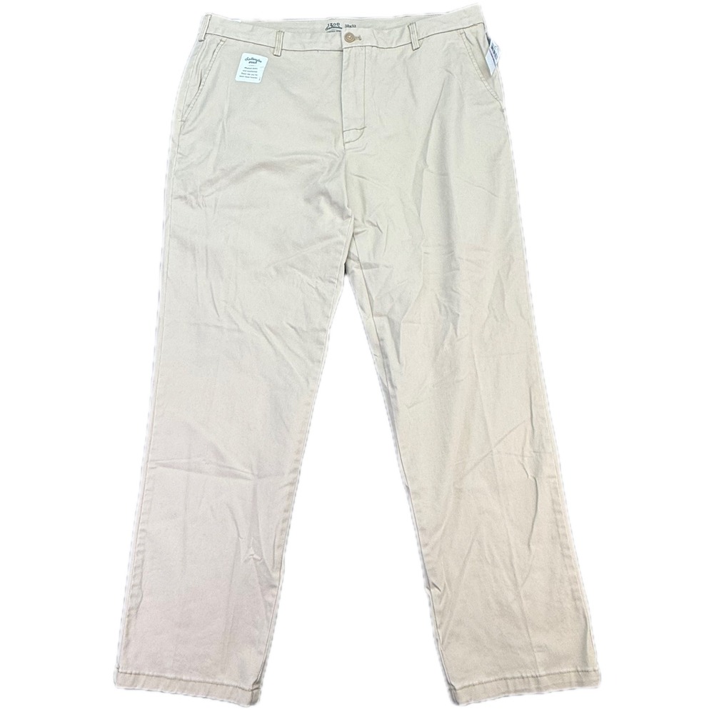 IZOD Stretch Chino Mens 38x32 Pale Khaki Saltwater Wash Straight Fit Flat Front